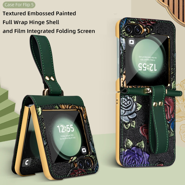 For Samsung Galaxy Z Flip5 VIETAO Integrated Embossed Pattern Full Coverage Phone Case with Wrist Strap(Black) - Galaxy Z Flip5 Cases by VIETAO | Online Shopping UK | buy2fix