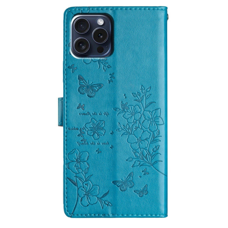 For iPhone 16 Pro Butterflies and Flowers Leather Phone Case(Blue) - iPhone 16 Pro Cases by buy2fix | Online Shopping UK | buy2fix