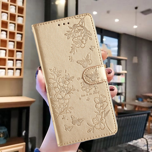 For iPhone 16 Butterflies and Flowers Leather Phone Case(Gold) by buy2fix