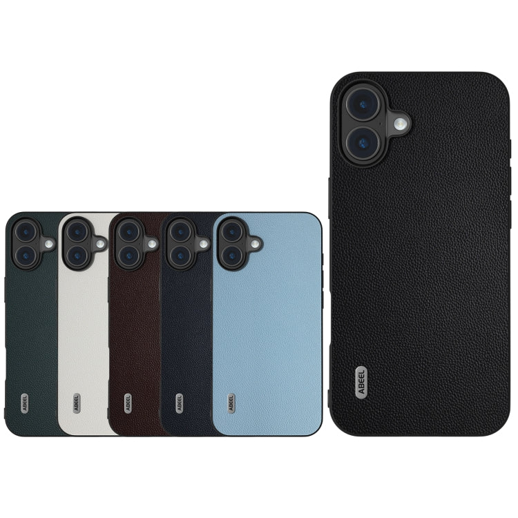 For iPhone 16 Plus ABEEL Black Frame Genuine Leather Elegant Phone Case(White) by buy2fix