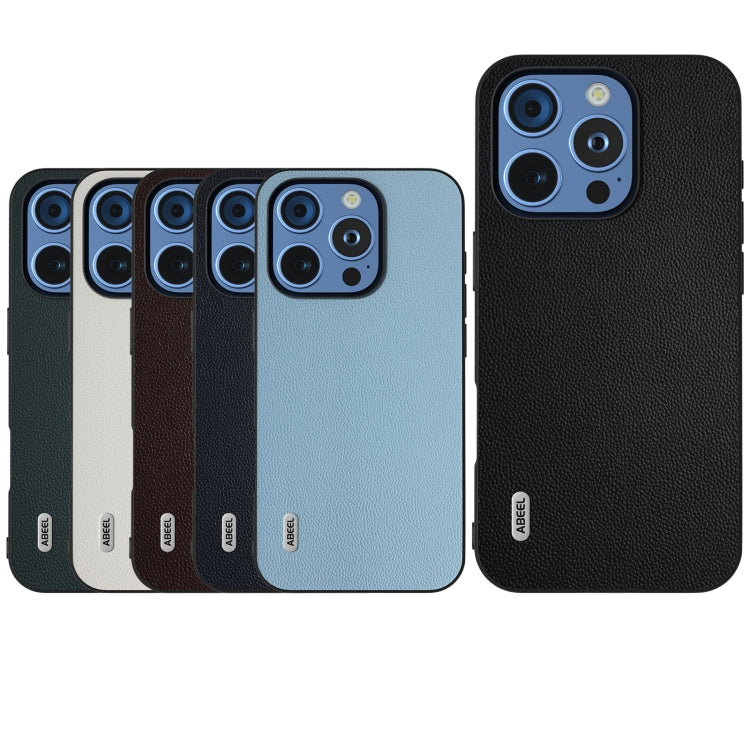For iPhone 16 Pro ABEEL Black Frame Genuine Leather Elegant Phone Case(Blue) by buy2fix