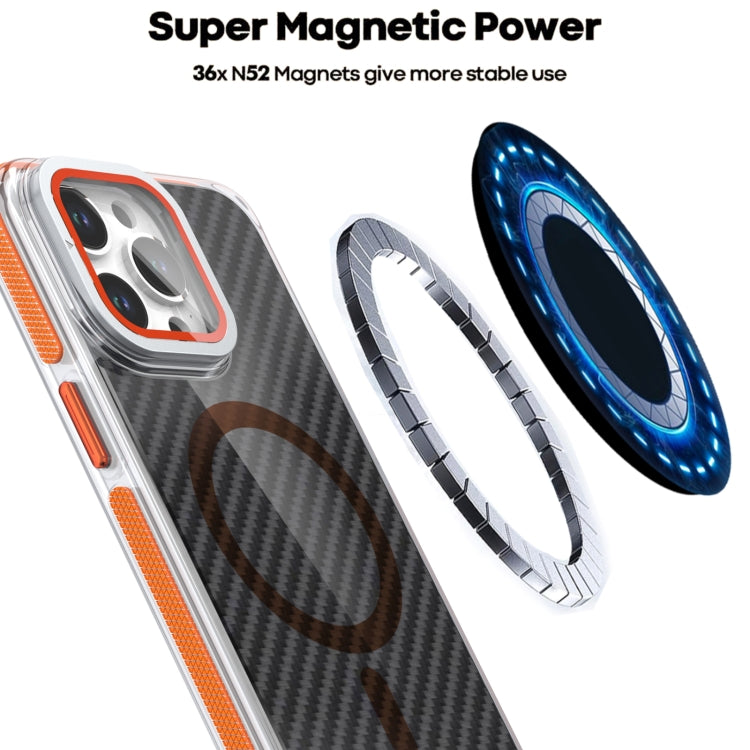 For iPhone 11 Pro Max Magsafe Dual-Color Carbon Fiber Lens Film Phone Case with Lens Fold Holder(Orange) by buy2fix