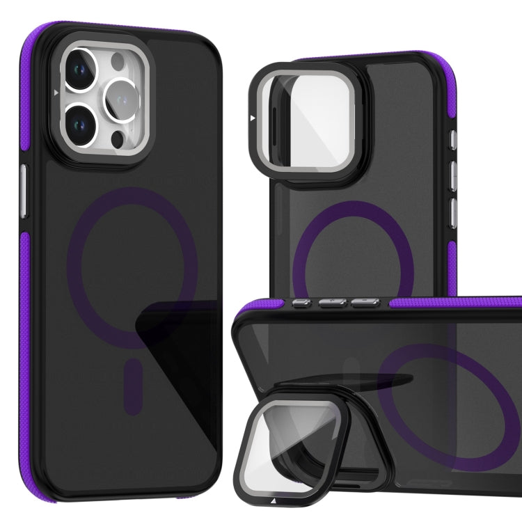 For iPhone 16 Pro Max Magsafe Dual-Color Skin Feel Lens Film Phone Case with Lens Fold Holder(Purple) - More iPhone Cases by buy2fix | Online Shopping UK | buy2fix