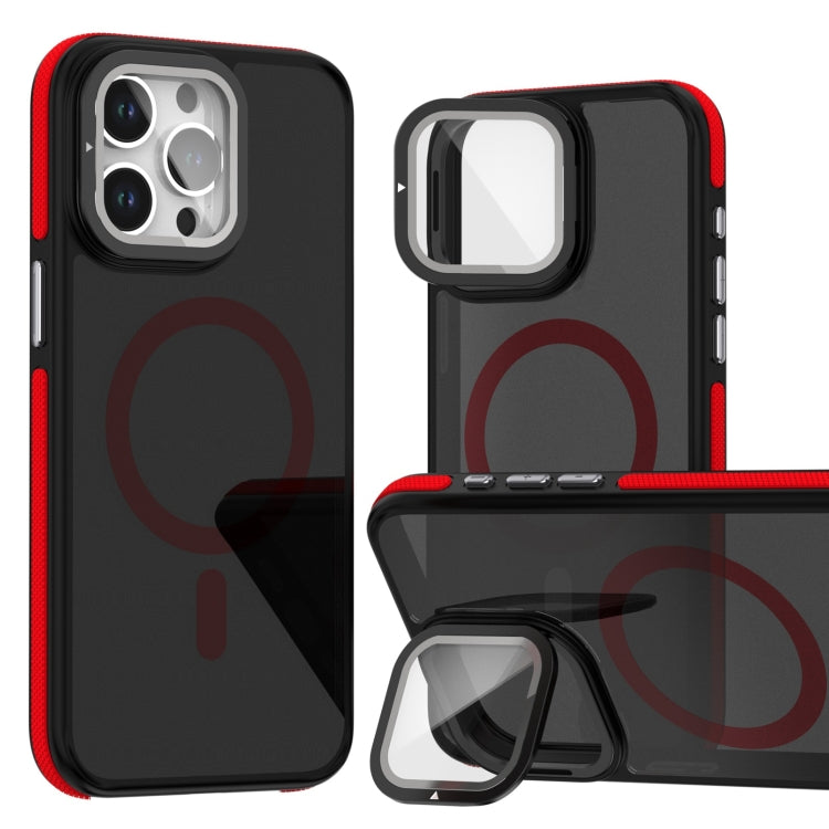 For iPhone 16 Pro Max Magsafe Dual-Color Skin Feel Lens Film Phone Case with Lens Fold Holder(Red) - More iPhone Cases by buy2fix | Online Shopping UK | buy2fix