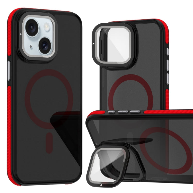 For iPhone 15 Plus Magsafe Dual-Color Skin Feel Lens Film Phone Case with Lens Fold Holder(Red) - More iPhone Cases by buy2fix | Online Shopping UK | buy2fix