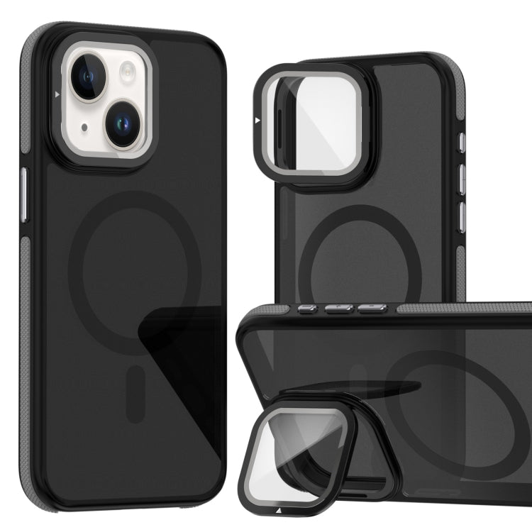 For iPhone 14 Plus Magsafe Dual-Color Skin Feel Lens Film Phone Case with Lens Fold Holder(Gray) - iPhone 14 Plus Cases by buy2fix | Online Shopping UK | buy2fix