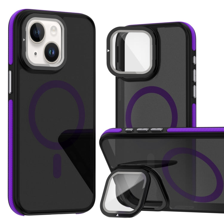 For iPhone 13 / 14 Magsafe Dual-Color Skin Feel Lens Film Phone Case with Lens Fold Holder(Purple) - More iPhone Cases by buy2fix | Online Shopping UK | buy2fix