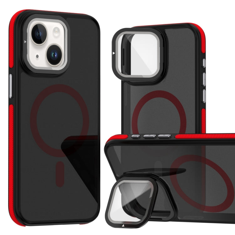 For iPhone 13 / 14 Magsafe Dual-Color Skin Feel Lens Film Phone Case with Lens Fold Holder(Red) - More iPhone Cases by buy2fix | Online Shopping UK | buy2fix