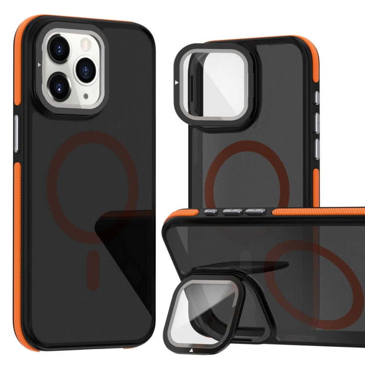 For iPhone 11 Pro Max Magsafe Dual-Color Skin Feel Lens Film Phone Case with Lens Fold Holder(Orange) - iPhone 11 Pro Max Cases by buy2fix | Online Shopping UK | buy2fix
