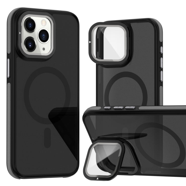 For iPhone 11 Pro Max Magsafe Dual-Color Skin Feel Lens Film Phone Case with Lens Fold Holder(Gray) - iPhone 11 Pro Max Cases by buy2fix | Online Shopping UK | buy2fix