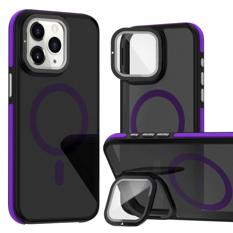 For iPhone 11 Pro Max Magsafe Dual-Color Skin Feel Lens Film Phone Case with Lens Fold Holder(Purple) - More iPhone Cases by buy2fix | Online Shopping UK | buy2fix