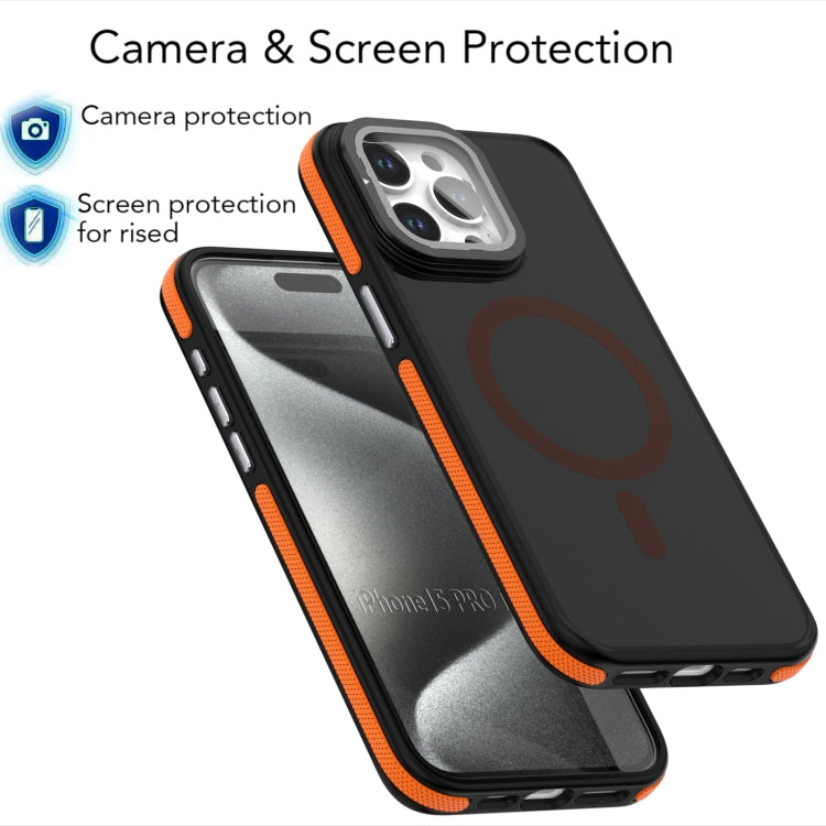 For iPhone 15 Pro Magsafe Dual-Color Skin Feel Lens Film Phone Case with Lens Fold Holder(Orange) - iPhone 15 Pro Cases by buy2fix | Online Shopping UK | buy2fix