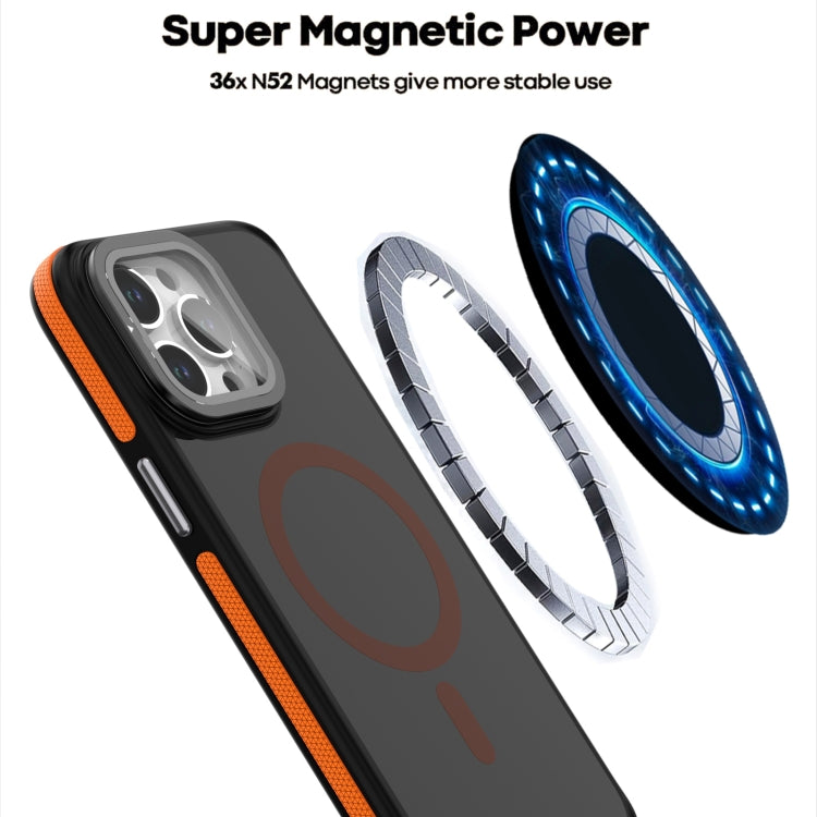 For iPhone 15 Pro Magsafe Dual-Color Skin Feel Lens Film Phone Case with Lens Fold Holder(Orange) - iPhone 15 Pro Cases by buy2fix | Online Shopping UK | buy2fix