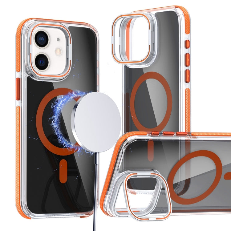 For iPhone 12 Pro / 12 Magsafe Dual-Color Transparent Black Lens Holder Phone Case(Orange) - iPhone 12 / 12 Pro Cases by buy2fix | Online Shopping UK | buy2fix