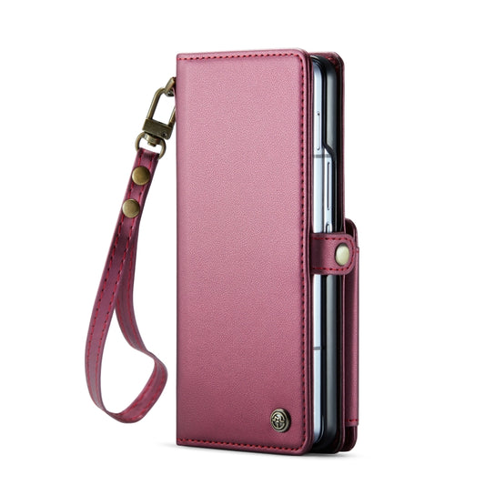 For Samsung Galaxy Z Fold6 5G CaseMe C22 PC+TPU Business Style RFID Anti-theft Lanyard Leather Phone Case with Pen Slot(Wine Red) by CaseMe