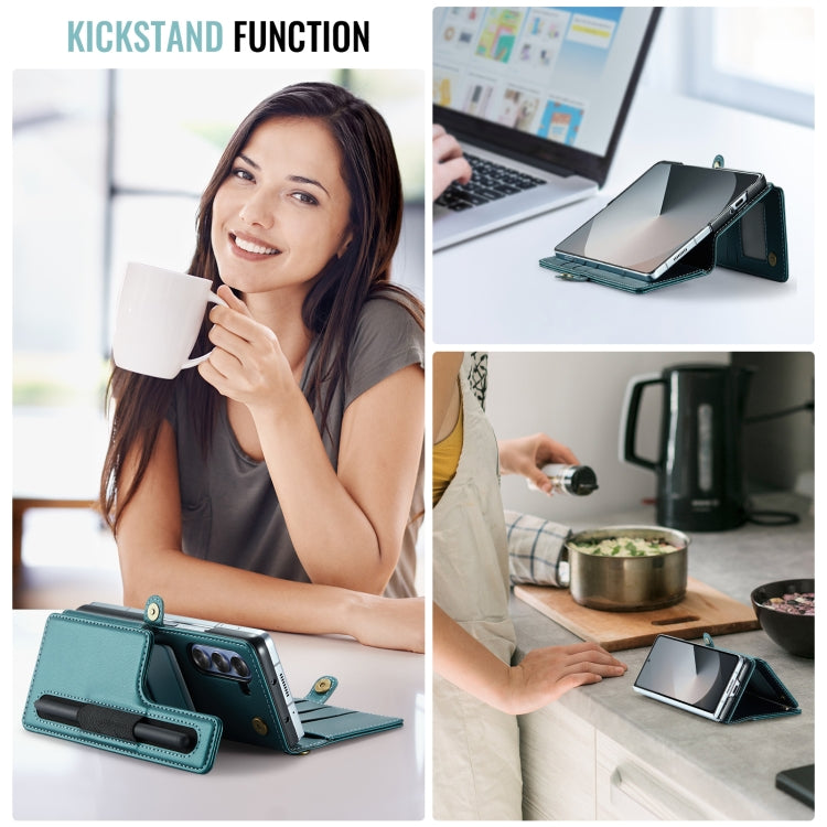 For Samsung Galaxy Z Fold6 5G CaseMe C22 PC+TPU Business Style RFID Anti-theft Lanyard Leather Phone Case with Pen Slot(Blue Green) by CaseMe