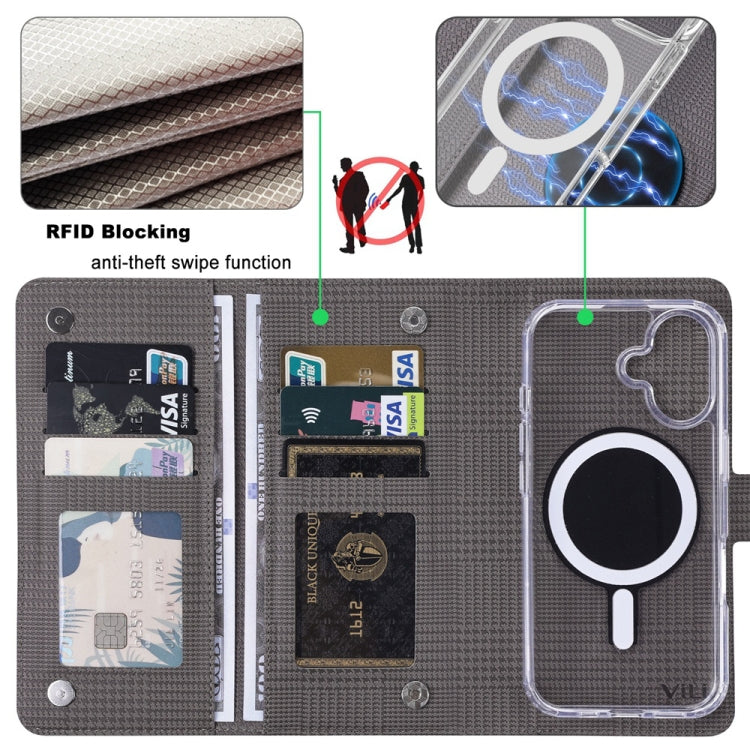 For iPhone 16 ViLi GHA-C Series RFID MagSafe Magnetic Flip Leather Phone Case(Grey) by ViLi
