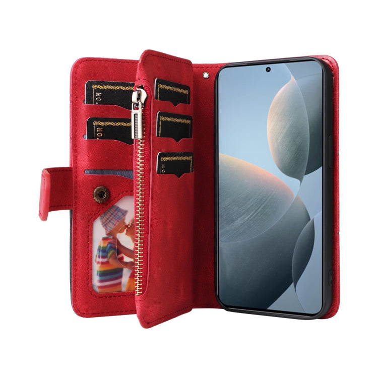 For Redmi K70 Dual-color 9 Card Slots Zipper Wallet Leather Phone Case(Red) - Xiaomi Cases by buy2fix | Online Shopping UK | buy2fix