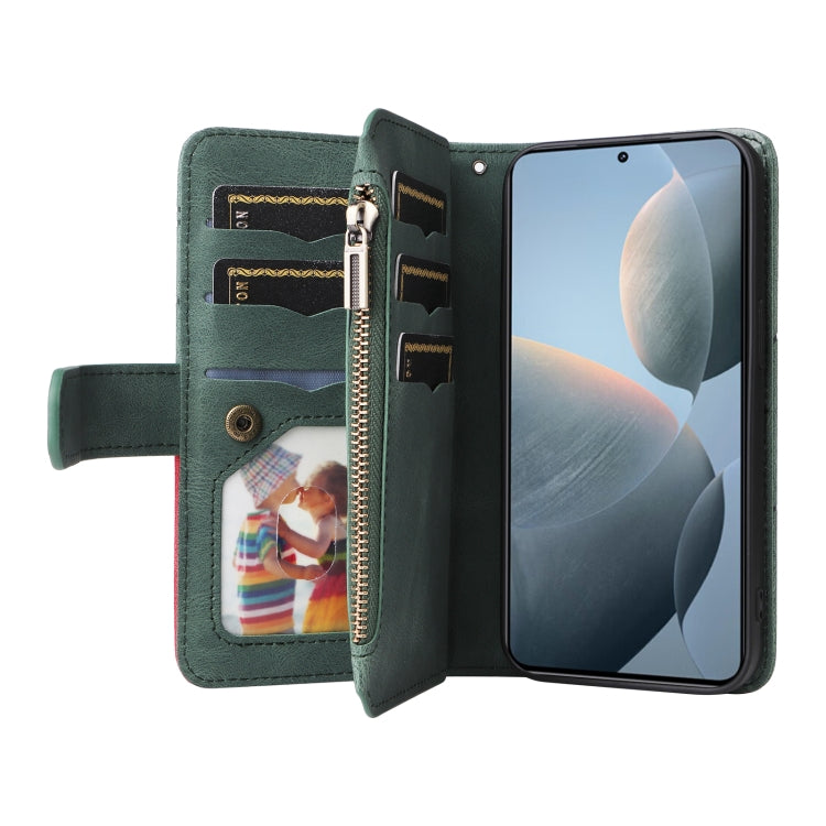 For Redmi K70 Dual-color 9 Card Slots Zipper Wallet Leather Phone Case(Green) - Xiaomi Cases by buy2fix | Online Shopping UK | buy2fix