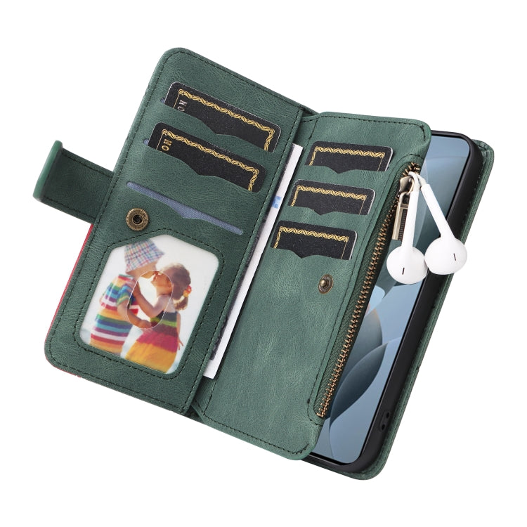 For Redmi K70 Dual-color 9 Card Slots Zipper Wallet Leather Phone Case(Green) - Xiaomi Cases by buy2fix | Online Shopping UK | buy2fix