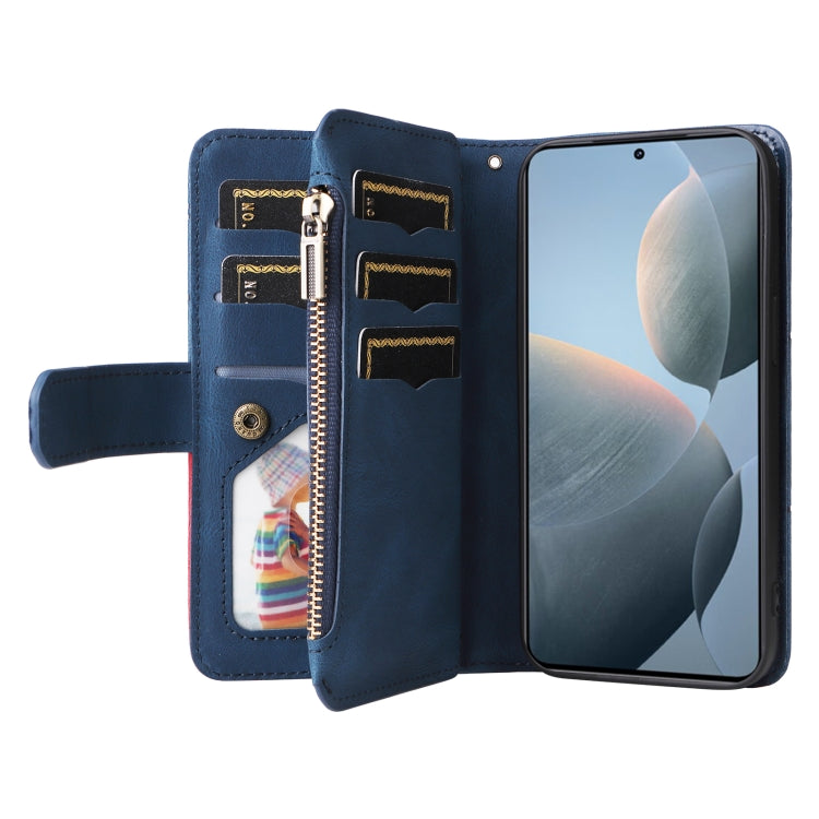 For Redmi K70 Dual-color 9 Card Slots Zipper Wallet Leather Phone Case(Blue) - Xiaomi Cases by buy2fix | Online Shopping UK | buy2fix