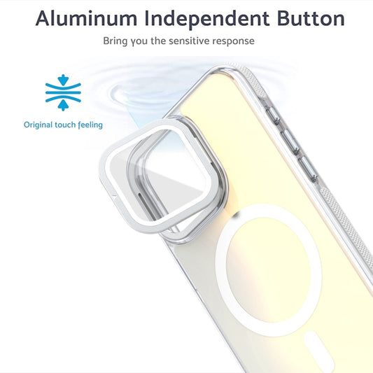 For iPhone 15 Plus MagSafe Gradient Color Lens Film Phone Case with Lens Fold Holder(White) - iPhone 15 Plus Cases by buy2fix | Online Shopping UK | buy2fix