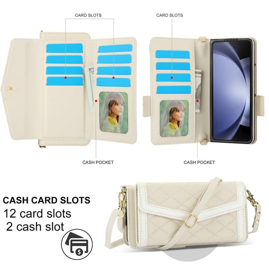 For Samsung Galaxy Z Fold6 Splicing Rhombic Texture Card Holder Phone Case with Lanyard, Not Included Pen(Beige) - Galaxy Z Fold6 5G Cases by buy2fix | Online Shopping UK | buy2fix