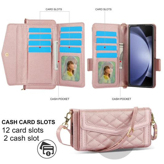 For Samsung Galaxy Z Fold6 Splicing Rhombic Texture Card Holder Phone Case with Lanyard, Not Included Pen(Rose Gold) - Galaxy Z Fold6 5G Cases by buy2fix | Online Shopping UK | buy2fix