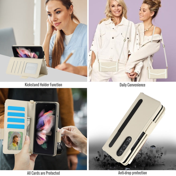 For Samsung Galaxy Z Fold3 5G Splicing Rhombic Texture Card Holder Phone Case with Lanyard, Not Included Pen(Beige) - Galaxy Phone Cases by buy2fix | Online Shopping UK | buy2fix