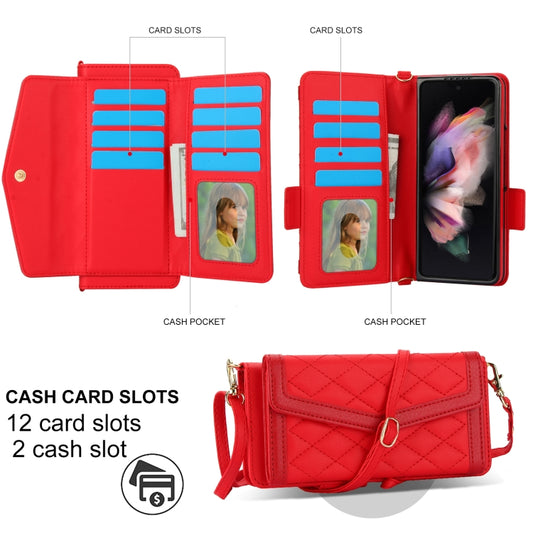 For Samsung Galaxy Z Fold3 5G Splicing Rhombic Texture Card Holder Phone Case with Lanyard, Not Included Pen(Red) - Galaxy Phone Cases by buy2fix | Online Shopping UK | buy2fix