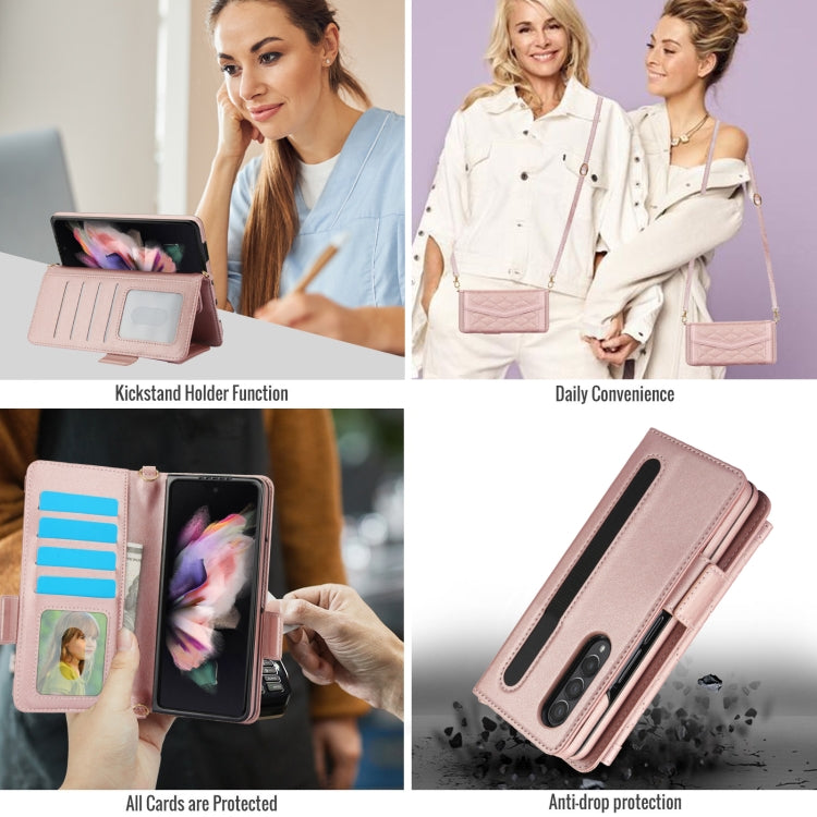 For Samsung Galaxy Z Fold3 5G Splicing Rhombic Texture Card Holder Phone Case with Lanyard, Not Included Pen(Rose Gold) - Galaxy Phone Cases by buy2fix | Online Shopping UK | buy2fix