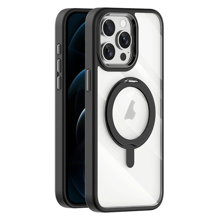 For iPhone 12 Pro Max Transparent MagSafe Magnetic Rotating Holder Phone Case(Black) - iPhone 12 Pro Max Cases by buy2fix | Online Shopping UK | buy2fix