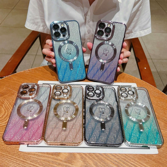 For iPhone 15 Plus Loves Leaves Gradient Glitter Carbon Fiber Magsafe TPU Phone Case(Purple) by buy2fix