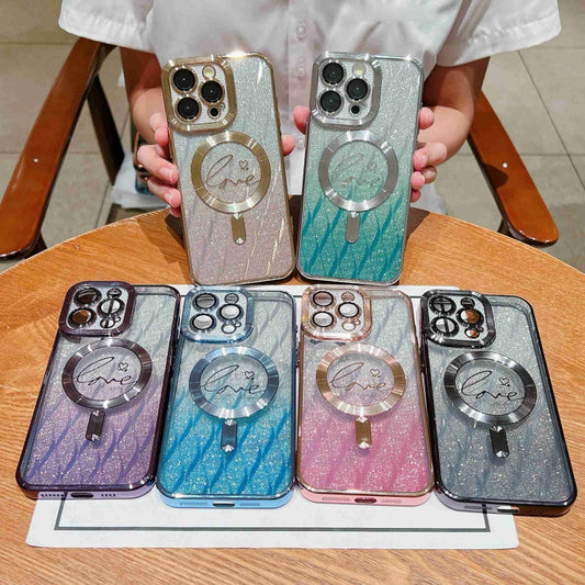 For iPhone 15 Dual-Love Leaves Gradient Glitter Magsafe TPU Phone Case(Black) by buy2fix