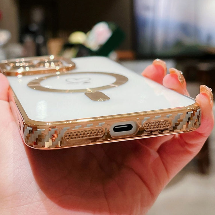 For iPhone 15 Loves Carbon Fiber Clear Plated Magsafe TPU Phone Case(Rose Pink) by buy2fix