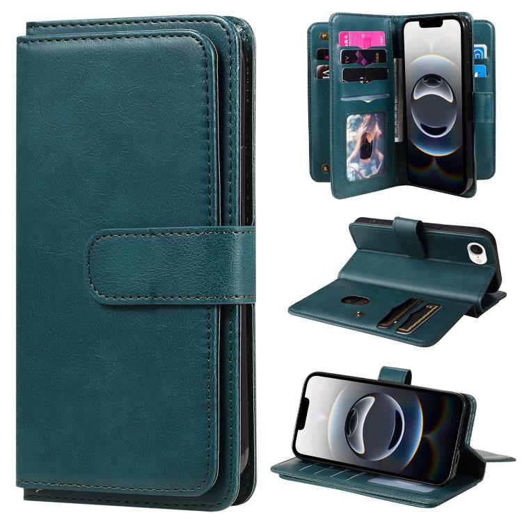 For iPhone 16e Multi-Function Wallet 10 Card Slots Leather Phone Case(Dark Green) - iPhone 16e Cases by buy2fix | Online Shopping UK | buy2fix
