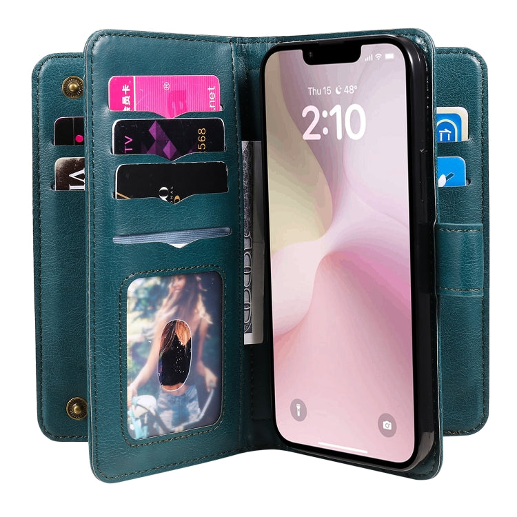 For iPhone 16e Multi-Function Wallet 10 Card Slots Leather Phone Case(Dark Green) - iPhone 16e Cases by buy2fix | Online Shopping UK | buy2fix