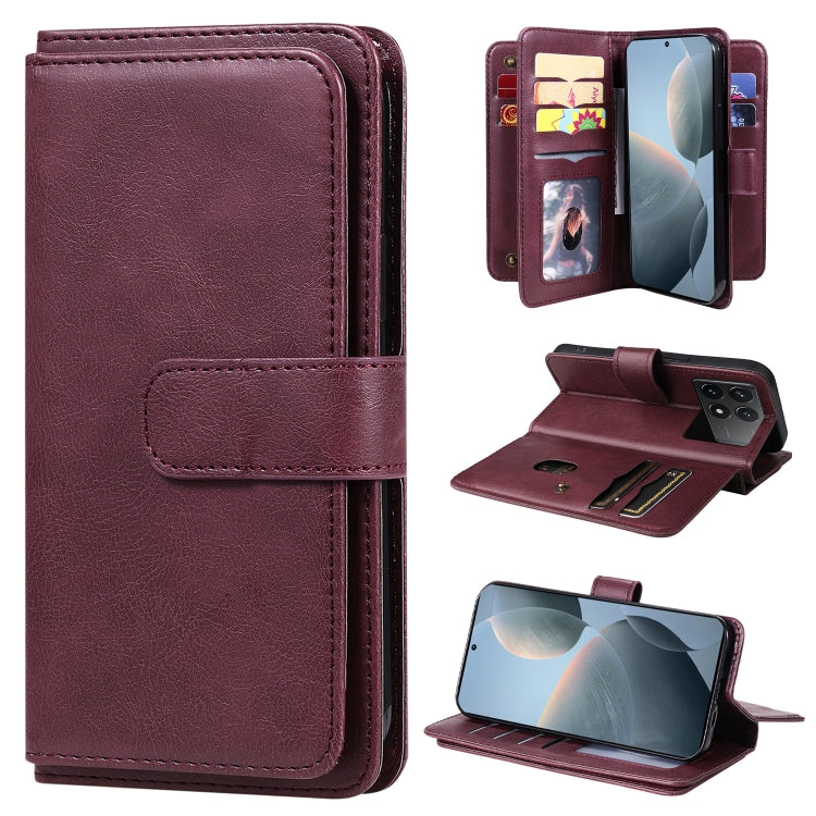 For Redmi K70 Multi-Function Wallet 10 Card Slots Leather Phone Case(Claret) - Xiaomi Cases by buy2fix | Online Shopping UK | buy2fix