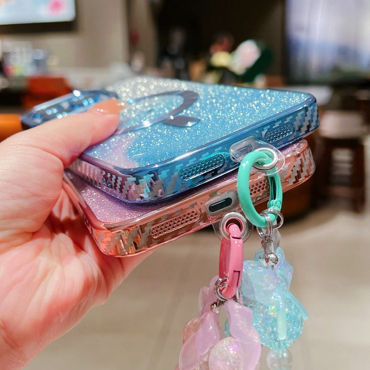 For iPhone 15 Pro Loves Gradient Glitter Bracelets Carbon Fiber Magsafe TPU Phone Case(Black) by buy2fix