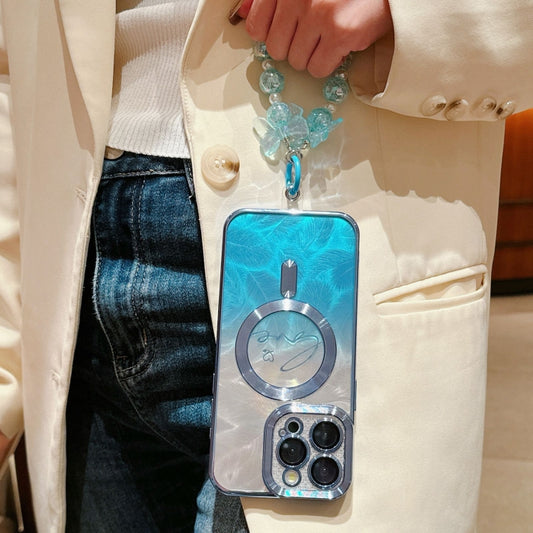 For iPhone 16 Pro Dual-Love Feather Gradient Glitter Bracelets Magsafe TPU Phone Case(Blue) by buy2fix