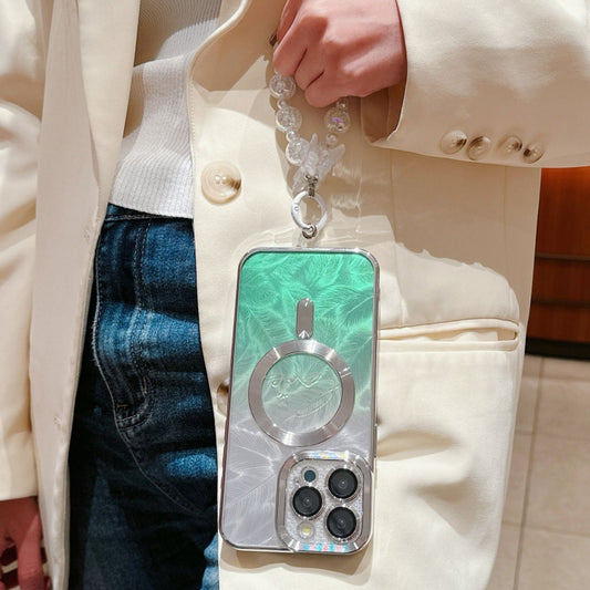 For iPhone 16 Plus Dual-Love Feather Gradient Glitter Bracelets Magsafe TPU Phone Case(Green) by buy2fix