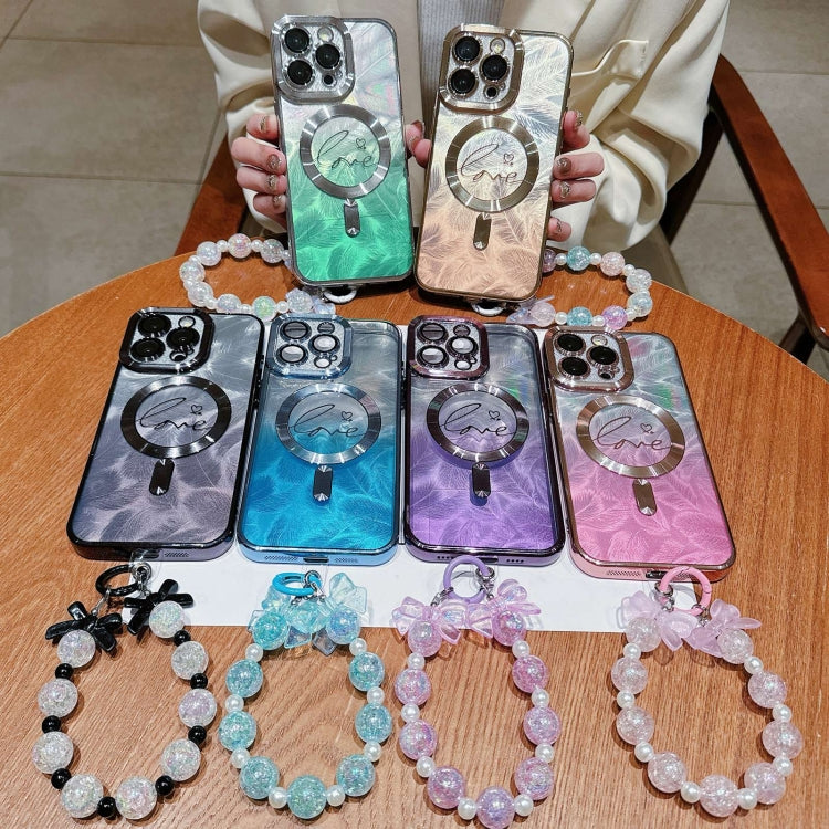 For iPhone 16 Plus Dual-Love Feather Gradient Glitter Bracelets Magsafe TPU Phone Case(Purple) - iPhone 16 Plus Cases by buy2fix | Online Shopping UK | buy2fix