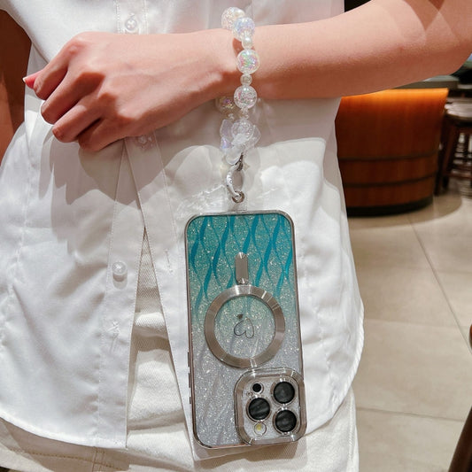 For iPhone 15 Plus Loves Leaves Gradient Glitter Bracelets Carbon Fiber Magsafe TPU Phone Case(Green) by buy2fix