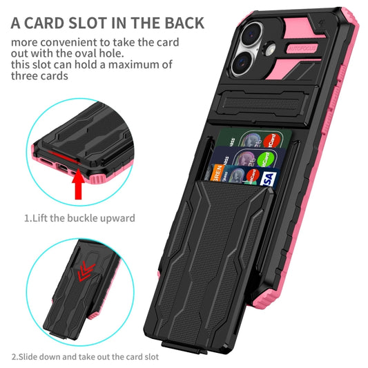 For iPhone 16 Plus Kickstand Armor Card Wallet Phone Case(Pink) by buy2fix