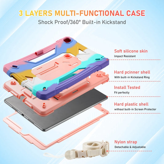 For iPad 10.2 2021 / 2020 / 2019 Legend Grip Holder Silicone Hybrid PC Tablet Case with Strap(Rainbow) by buy2fix