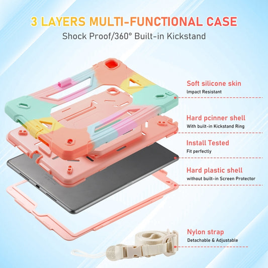 For iPad 10.2 2021 / 2020 / 2019 Legend Grip Holder Silicone Hybrid PC Tablet Case with Strap(Colorful Pink) by buy2fix