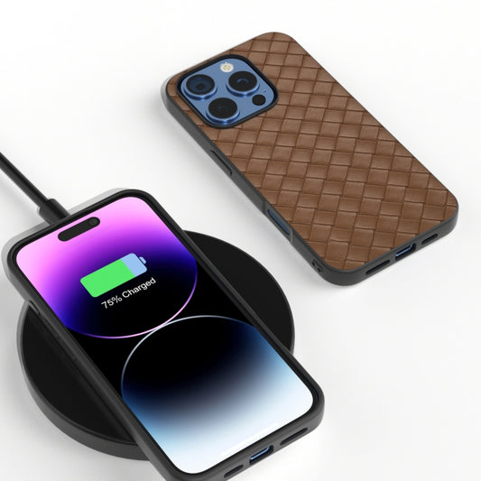 For iPhone 16 Pro Black Frame Woven Texture PU Phone Case(Brown) by buy2fix