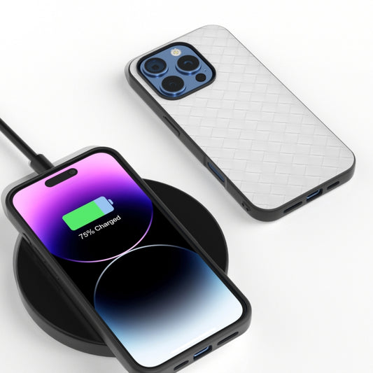 For iPhone 16 Pro Max Black Frame Woven Texture PU Phone Case(White) by buy2fix