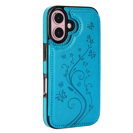 For iPhone 16 Plus Double Buckle Butterfly Embossing PU Phone Case(Blue) by buy2fix