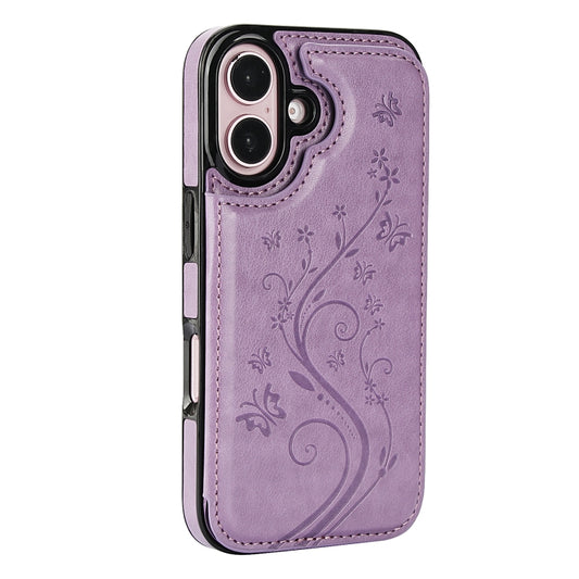 For iPhone 16 Plus Double Buckle Butterfly Embossing PU Phone Case(Purple) by buy2fix